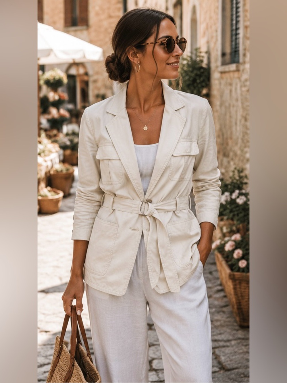 Current Air Utility Blazer Jacket Small Cream Belted Safari Style Lightweight